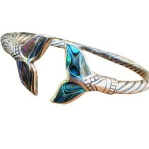 Mermaid Tail Cuff Bracelet Silver Tone Metal Whale Tail Whimsy Ocean Sea Life